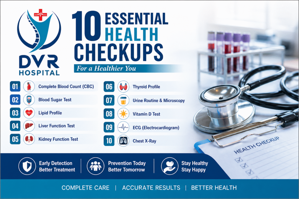 Banner showing 10 essential health checkups with medical icons and DVR Hospital logo.